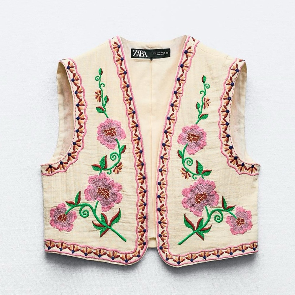 Zara Cream Vest with Pink and Green Embroidery XXL